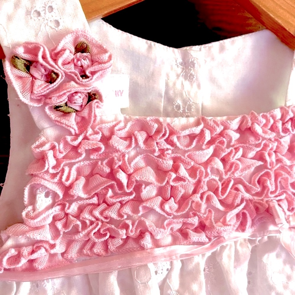 Flower Girl Wedding Dress, White Eyelet, Pink Ruffles & Rosettes, Pink Sash